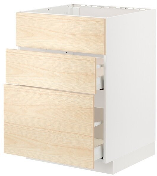METOD МЕТОД / MAXIMERA МАКСИМЕРА Шкаф д/варочн панели/вытяжка/ящик, белый/Аскерсунд под светлый ясень, 60x60 см
