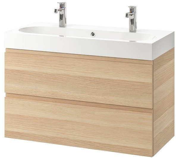 GODMORGON ГОДМОРГОН / BRAVIKEN БРОВИКЕН Шкаф для раковины с 2 ящ, под беленый дуб/БРОГРУНД смеситель, 100x48x68 см