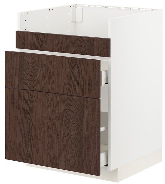 METOD МЕТОД / MAXIMERA МАКСИМЕРА Напол шк д/мойки ХАВСЕН/3фасада/2ящ, белый/Синарп коричневый, 60x60 см