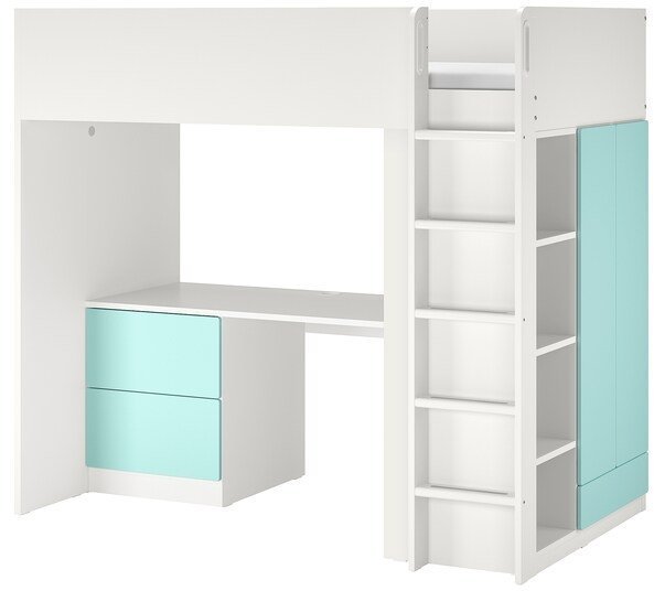 SMASTAD СМОСТАД Кровать-чердак, белый бледно-бирюзовый/с письменным столом с 3 ящиками, 90x200 см
