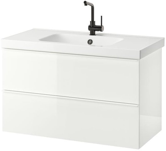 GODMORGON ГОДМОРГОН / ODENSVIK ОДЕНСВИК Шкаф для раковины с 2 ящ, глянцевый белый/ЛУНДШЭР смеситель, 103x49x64 см