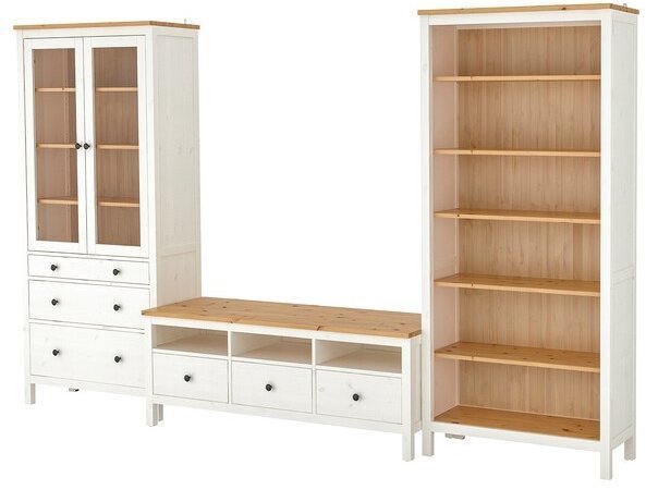 HEMNES ХЕМНЭС Шкаф для ТВ, комбинация, белая морилка/светло-коричневый прозрачное стекло, 326x197 см