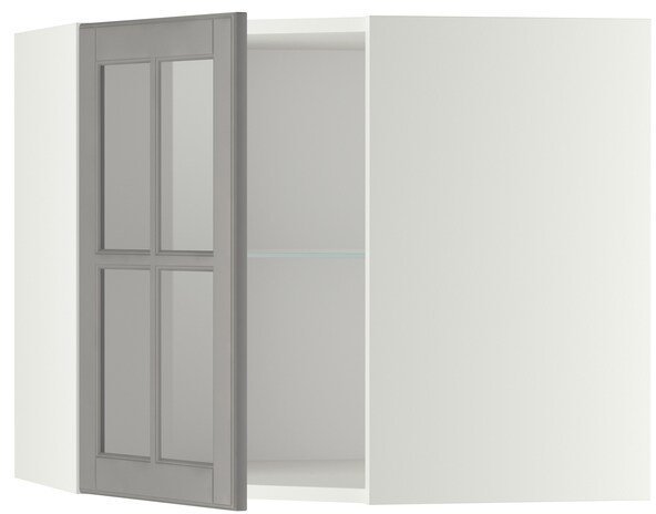 METOD МЕТОД Углов навесн шкаф с полками/сткл дв, белый/Будбин серый, 68x60 см